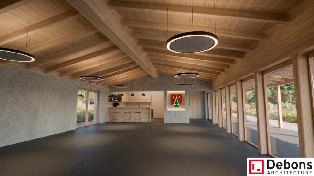 Vue intérieure de la future buvette : charpente et plafond en bois, bar, larges baies vitrées